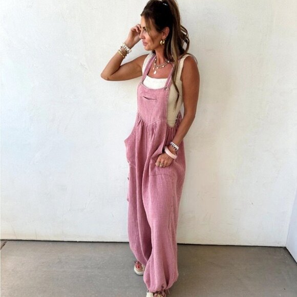 Boutique Pink Gauze Jumpsuit Overalls Small NWT – Boho Wide Leg - Picture 2 of 8
